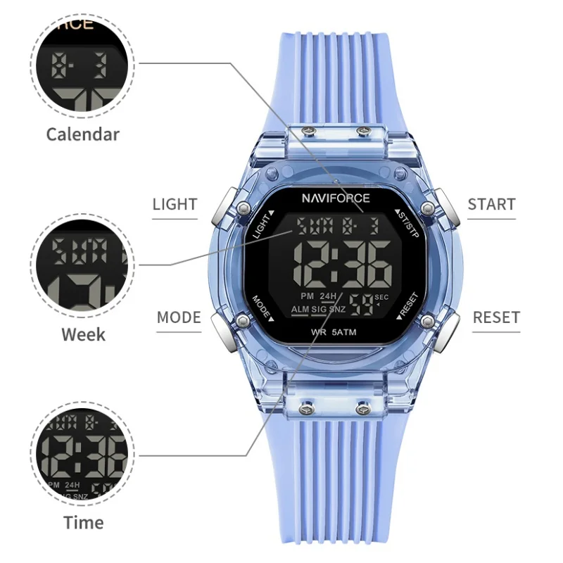 

Multifunction NAVIFORCE Stopwatch Female Digital Chronograph Women Watch LED Backlight 5ATM Water Resistance Countdown Watch