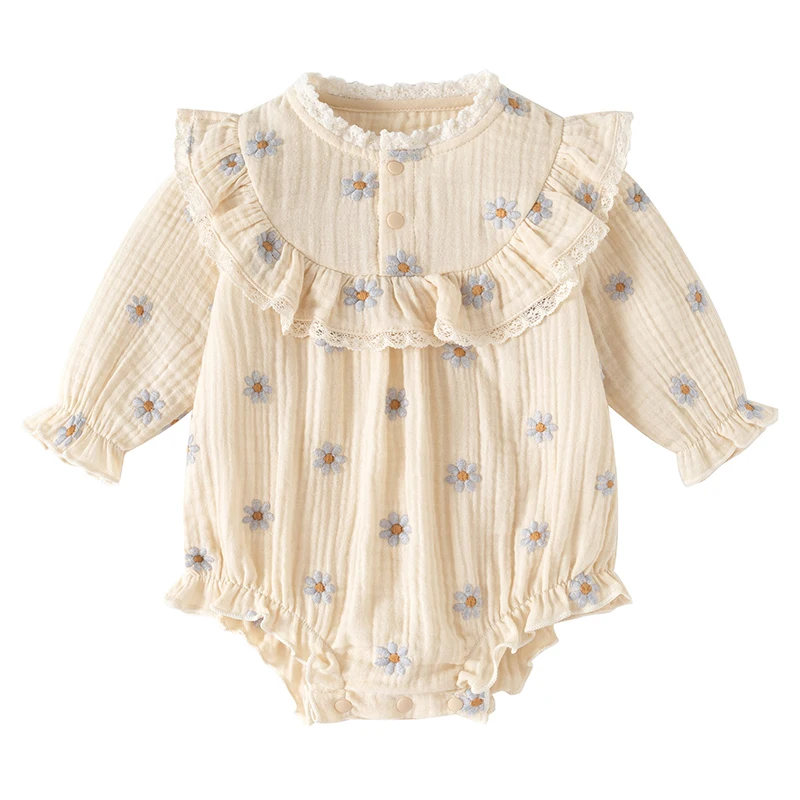 

Новинка 2023 года, осенняя одежда для маленьких девочек 0-24 месяцев, боди для новорожденных девочек, хлопковый комбинезон с длинными рукавами и вышивкой для маленьких девочек