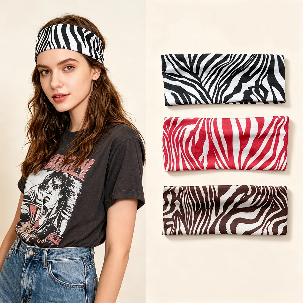 Women Zebra Pattern Elastic Hairband Wide Sports Headwrap High Stretch Yoga Headband Fashion Daily Makeup Hair Accessory Fitness