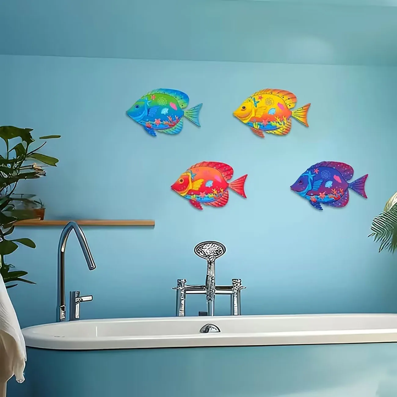 4Pcs Colorful Tropical Fish Wooden Wall Stickers With Double Sided Nano Tape, Ocean Style Living Room Wall Decor Ornament - view 4