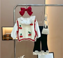 Girls Autumn Set 2024 New Girl Baby fashion Knitted Flower Tank Top Children Pants Fashionable Three Piece Set