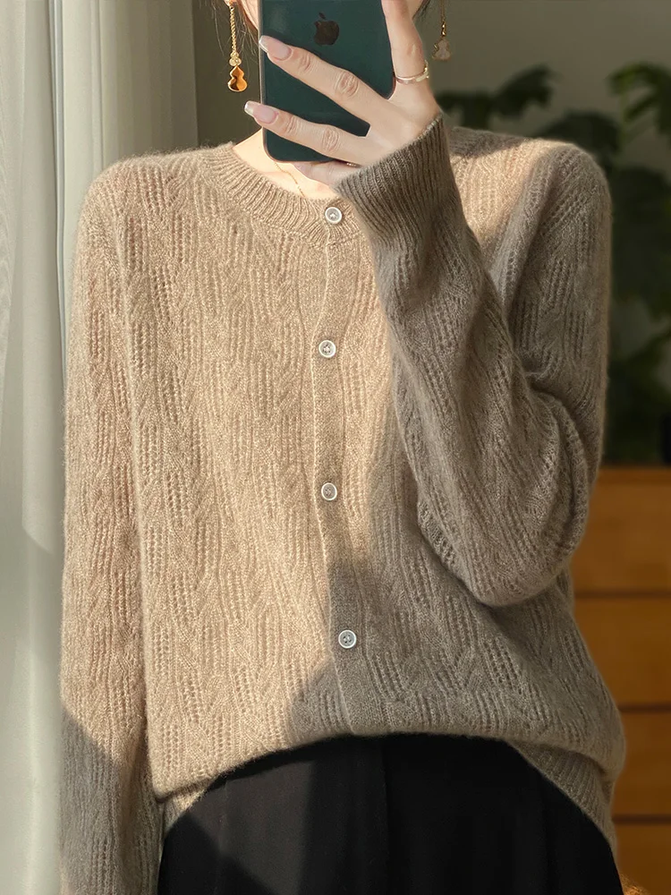 Autumn Winter Women Cable Stitch Cashmere Sweater 100% Merino Wool Knitted Button-Up Cardigan Temperament Fashion Coat 2024 New