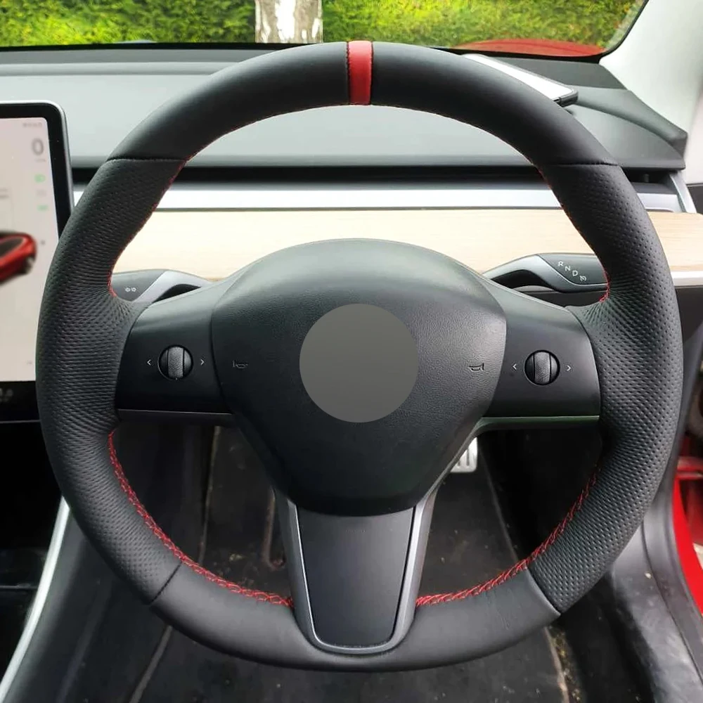 Alcantara Car Steering Wheel Cover Wrap Genuine Leather Red Thread Car Accessoires Specifically for Tesla MODEL Y MODEL 3