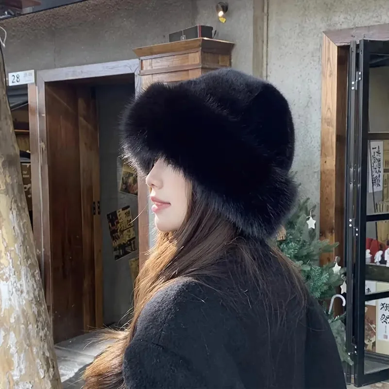 Women Luxury Winter Faux-mink Fur Mongolian Hat Thick Warm Round Top Cold-proof Outdoor Thicken Plush Soft Fashion Snow Caps