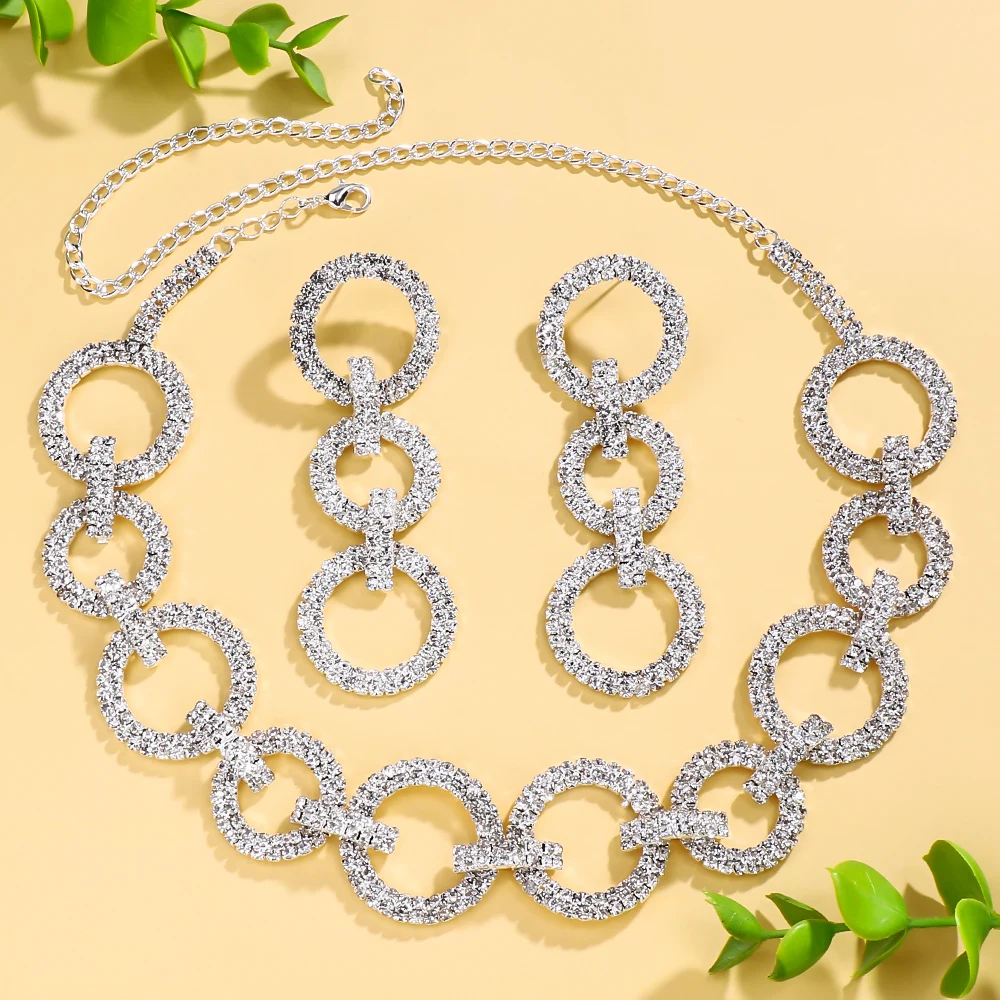 Stonefans Hollow Crystal Round Necklace Earrings Set African Wedding Charm Accessories Rhinestone Party Jewelry Sets for Women