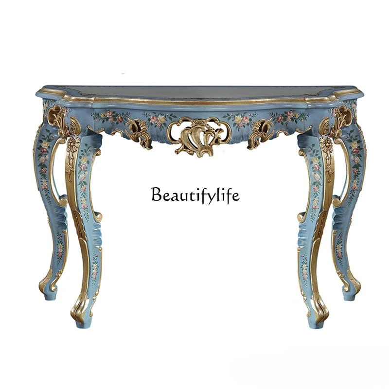 

European Style Luxury Hand-painted Solid Wood Heavy Carving Gold Painting French Curved Edge Console Table