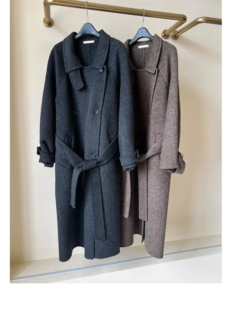 Lady Doppio Petto Yak Capelli Giacche di Lana da Donna 2025 Autunno E Inverno Più Caldo Allentato Lace-Up Lungo Cappotti di Lana da Donna