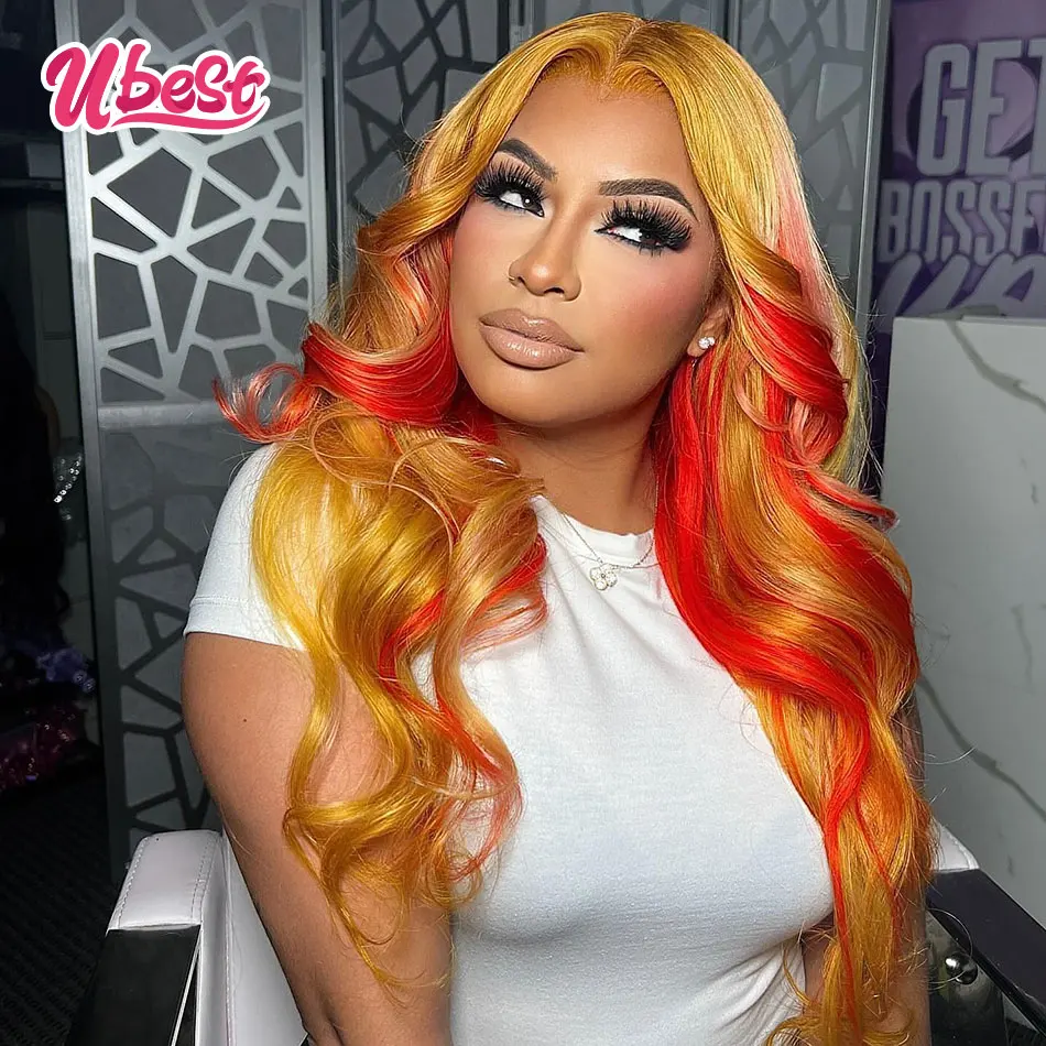 Ombre Yellow Red Colored 13X6 BodyWave Transparent Lace Front Wigs 100％ Human Hair 180％Density Brazilian Hair Remy Hair Wigs