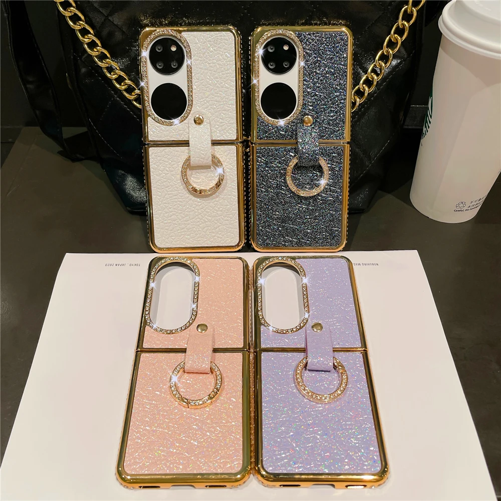 Fashion Woman Glitter Leather Case for Huawei P50 Pocket Case Luxury Plating Gold Bling Diamond Ring Hard Phone Cover Cases image 6