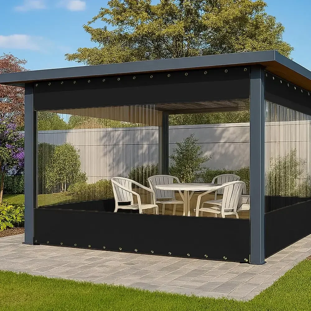18 oz Clear Outdoor Curtains with Brass Grommets, Suitable for Gazebos, Pergolas, and Porch Walls (7x12 ft, Black)