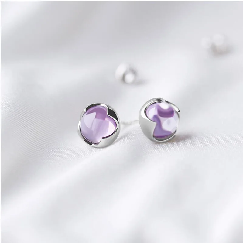 925 sterling silver amethyst stud earrings women\'s simple all-match purple gem ear-caring earrings