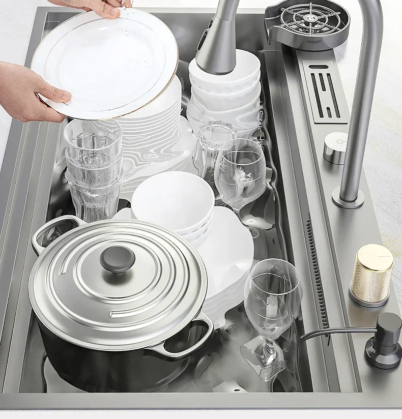 Lavello a cascata Cucina in acciaio inossidabile Lavaggio domestico Lavabo per verdure Lavello addensato manuale sotto il bancone Grande singolo