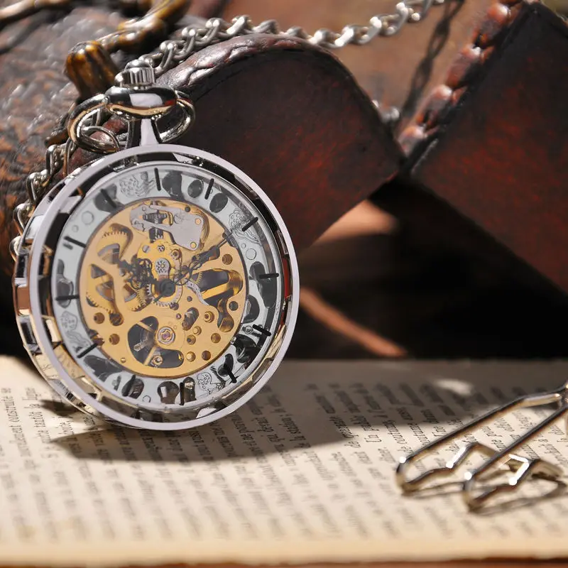 

Multi-color retro mechanical watch Hollow-out uncovered all-silver manual mechanical pocket watch