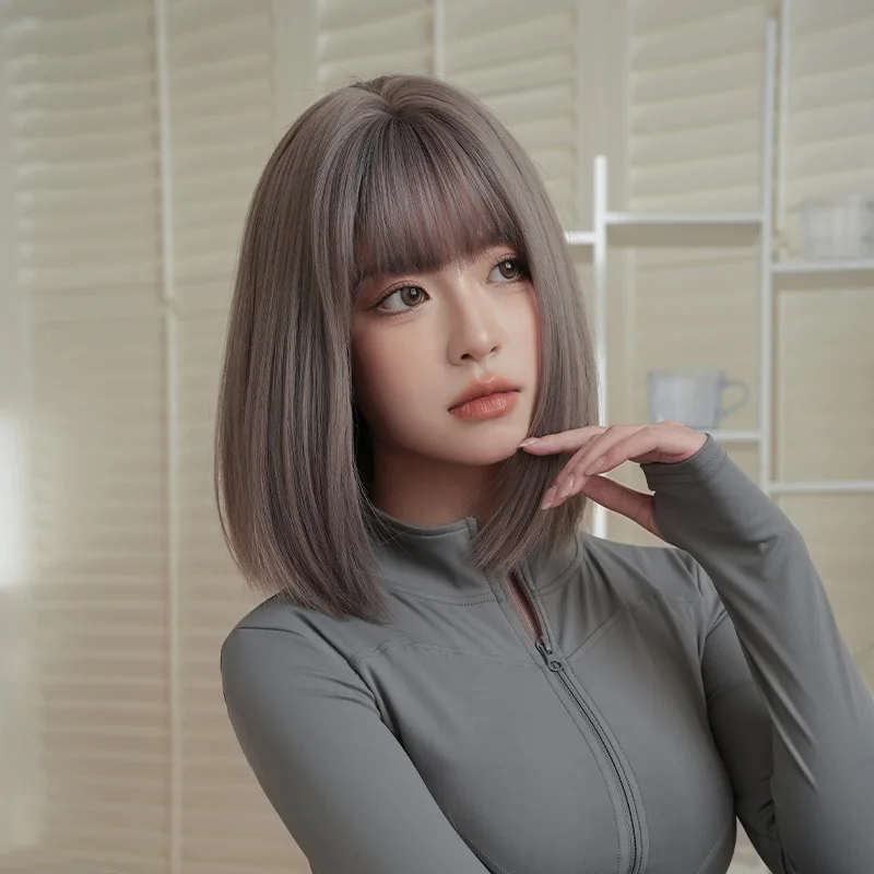 Short straight gray-purple full-head wig, popular everyday wear wig