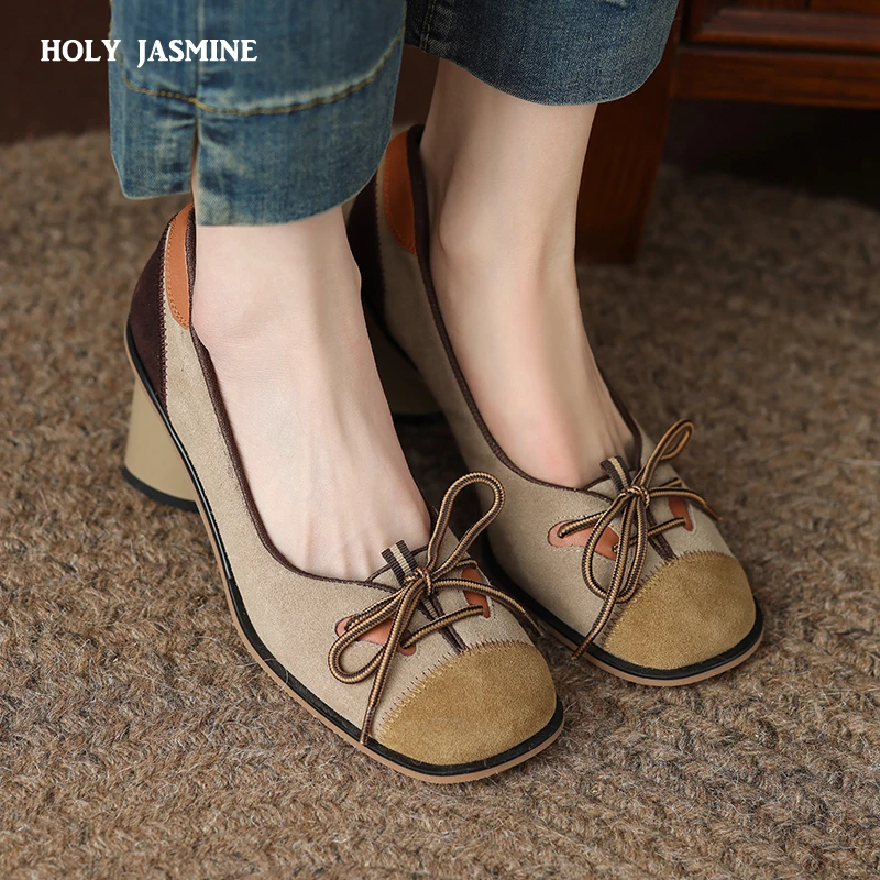 2023 New Women Pumps Mature Retro Butterfly Knot Kid Suede Leather Thick Heels Square Toe Office Dress Shoes Woman Spring Autumn