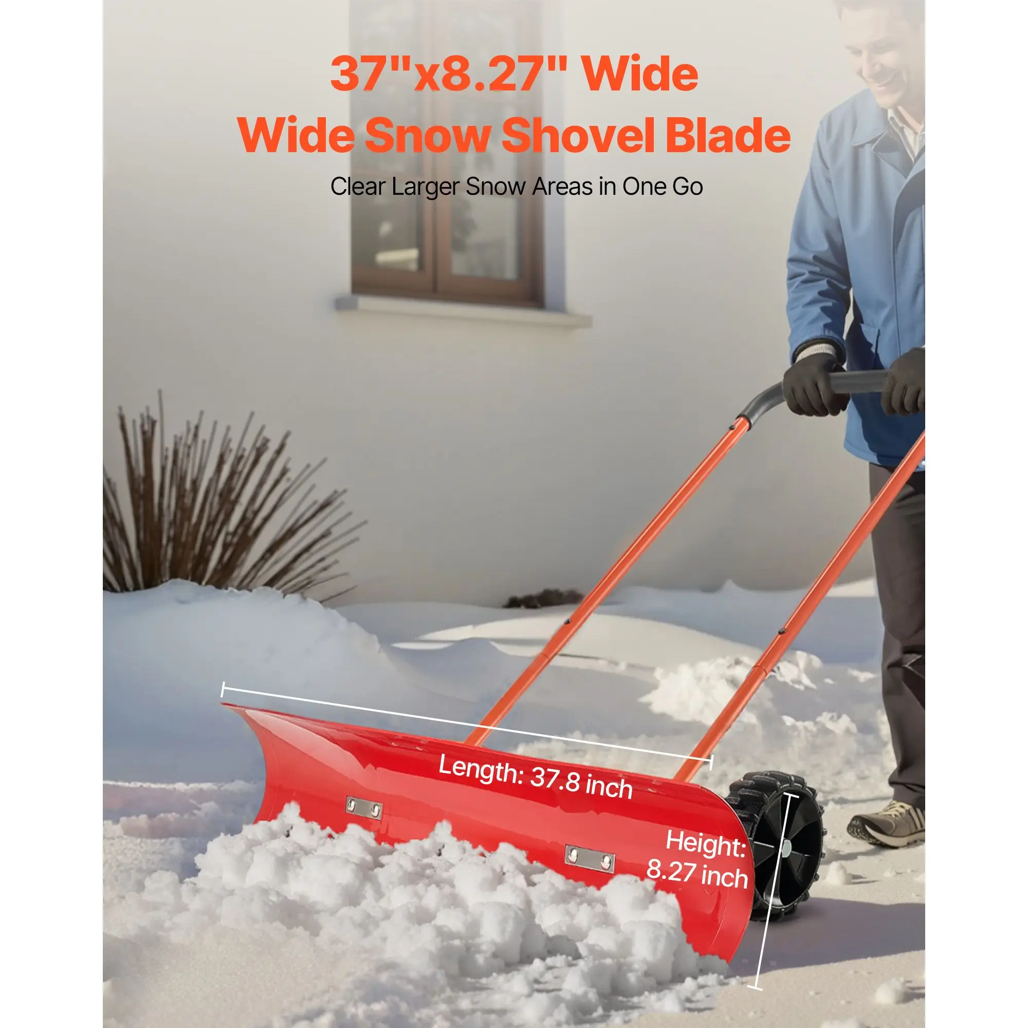 Snow Pusher Shovel with Wheels, 37.8 in Snowplow Bi-Directional Angled Blade & 90° Adjustable Handle, Durable Plastic Winter