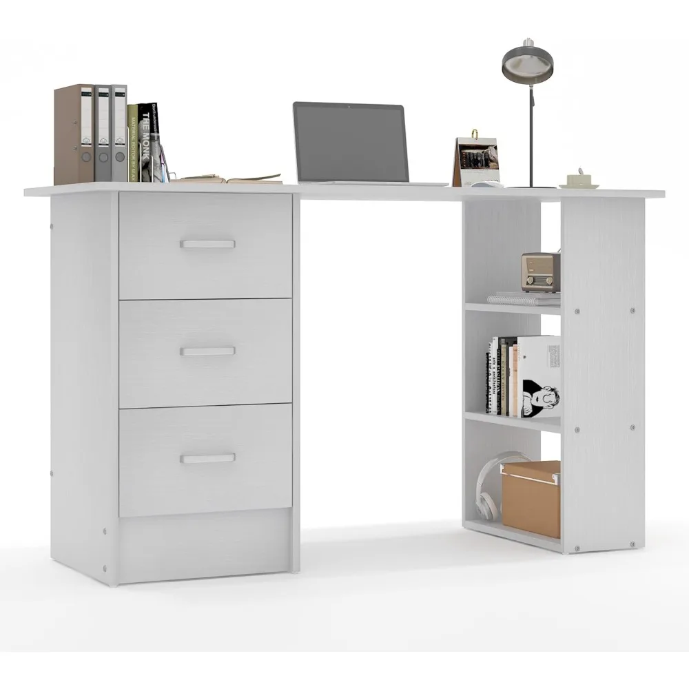 Computer Desk with Drawers,Standing Desk with Storage Racks,Writing Desk for Home Office or Bedroom (White)