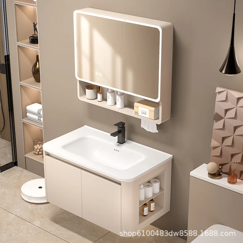Side Storage Space Aluminum Bathroom Cabinet Small Apartment Bathroom Wash Basin Bathroom Cabinet Wash Table Integrated Ceramic