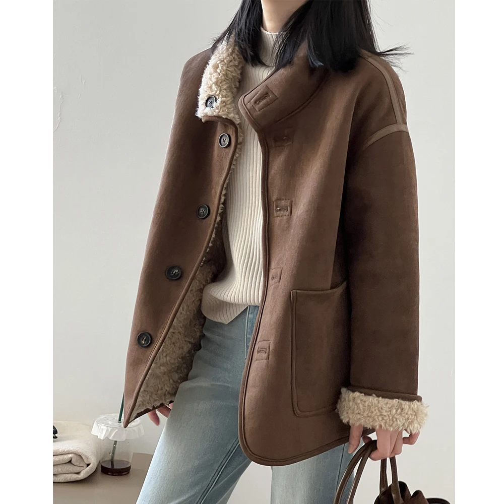 Women Winter Suede Jacket Coat Warm Furry Two Way Wear Coats Turn Down Collar Long Sleeve Tops Women Parka Femme Coat