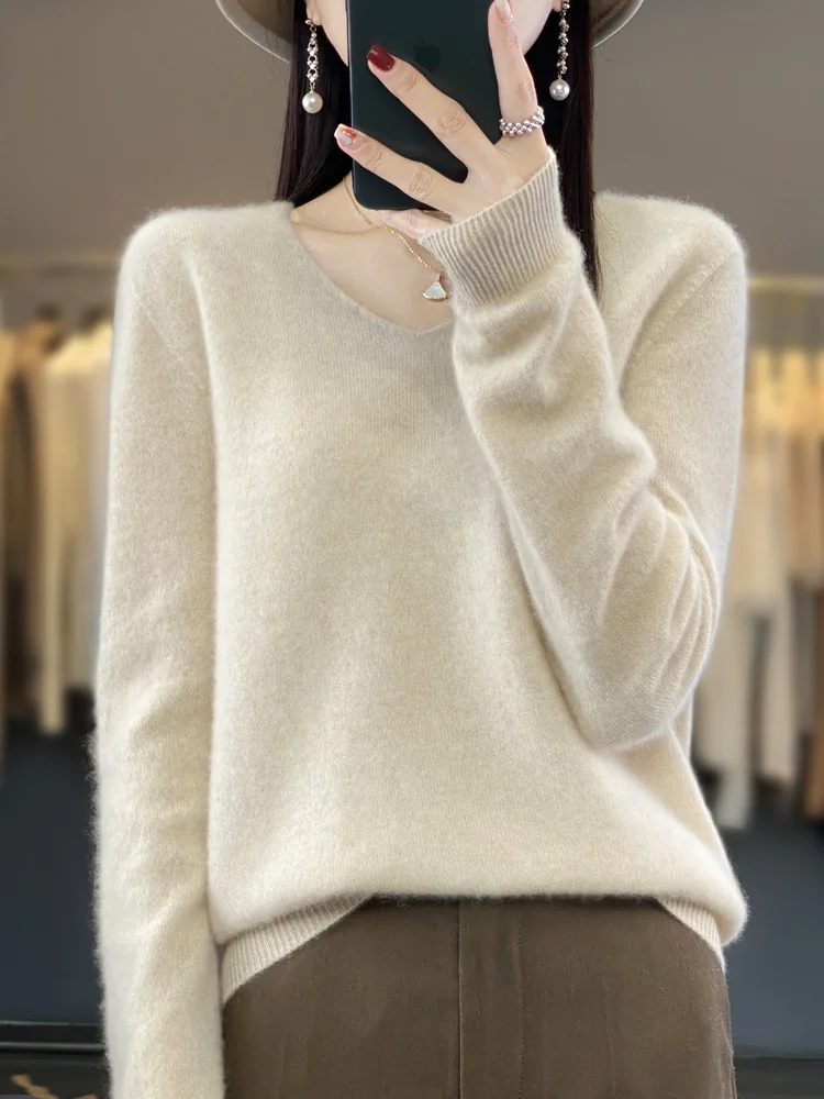 100% lana Merino Pullover maglione donna scollo a v Basic manica lunga autunno inverno Cashmere maglia Bottoming Shirt moda coreana