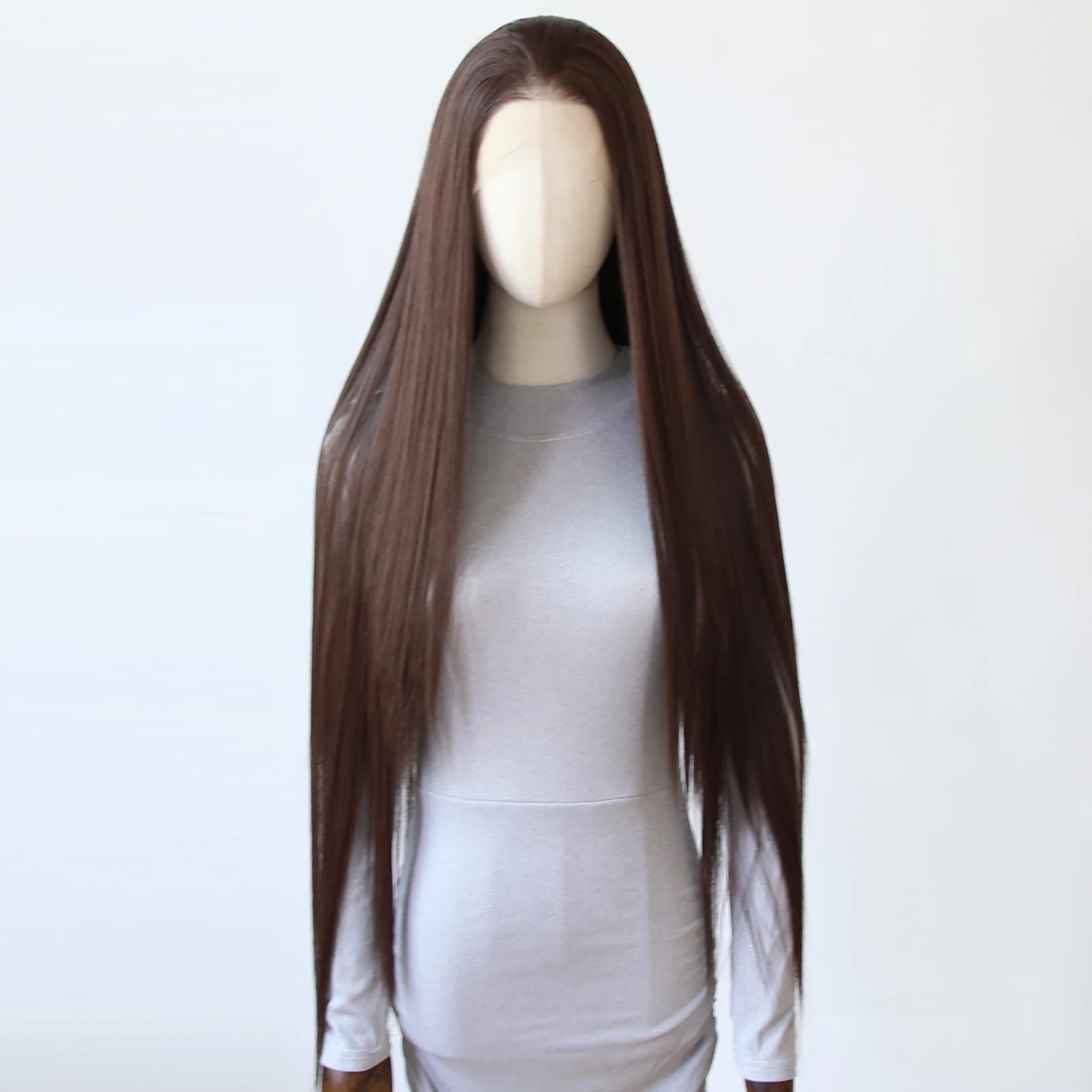 باروكة صناعية بدانتيل أمامي بطول 40 بوصة - شعر بني طويل مفرود، شوكولاتة داكنة وإسبريسو، مقاومة للحرارة، بدون صمغ، مظهر طبيعي #5