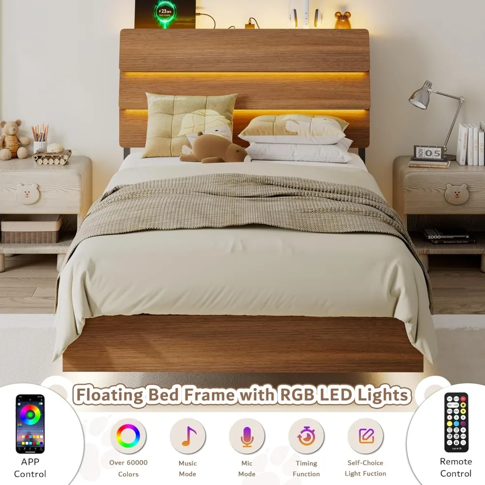 iPormis Floating Twin Metal Bed Frame with LED Lights & Charging Station, Platform Bed with Wooden Storage Headboard, Heavy Duty