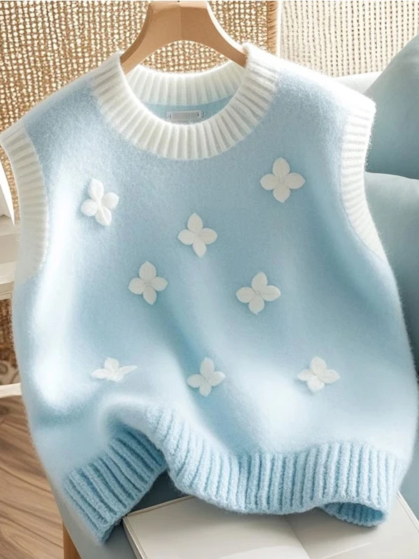 Blue Flower Knitted Vest Women's Spring Autumn 2025 New Style Layering Sleeveless Sweater Vests Short Tops Commute Style
