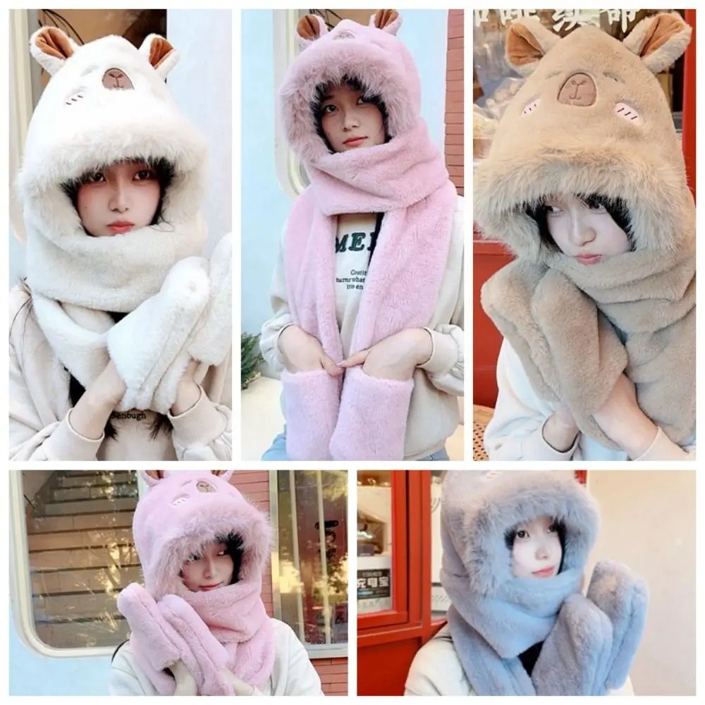 Faux Rabbit Hair Capybara Hat Scarf Gloves Set Korean Style Soft Plush Hooded Scarf Windproof Cartoon Big Pullover Hat Winter