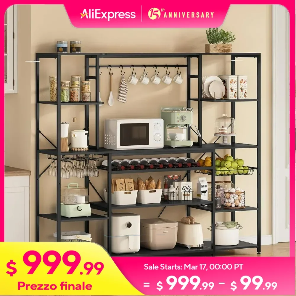 Large Bakers Rack with Power Outlet, 62.4in Wide Kitchen Microwave Stand, Wine Rack, Goblet Holder, 8 Hooks, Wire Baske