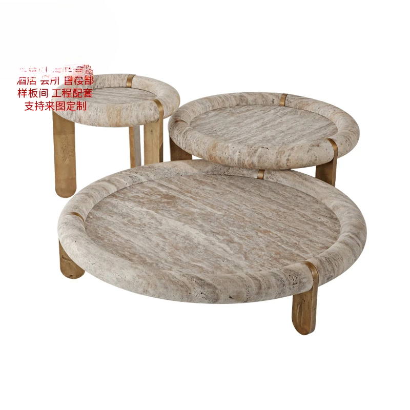 

LYN wabi sandy wind creative round natural travertine coffee table personalized set