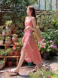 Vintage Ruffles Floral Strap Dress Women Casual Korean Chic Split Midi Dress Women 2024 Autumn Fashion Elegant Beach Party Dress