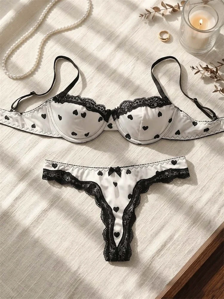 Women Sweet Heart Print Lingerie Set Black Lace Trim Bow Underwire Bra&Matching Panty 2Pcs Honeymoon Romantic Intimate Underwear