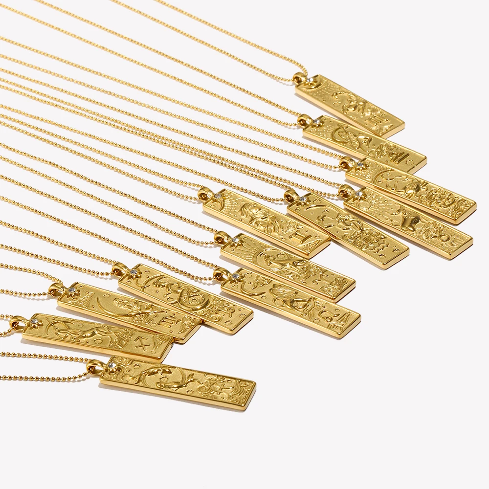 E.B.belle 18k Gold Plated Rectangle Shape 12 Constellation Pendant Necklace Stainless Steel Waterproof Fashion Women's Jewelry
