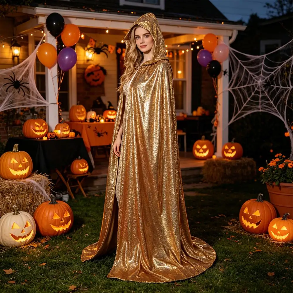 Hood Costume Cape Shiny Hooded Cape Full Length Sparkly Cloak Unisex Glitter Robe for Halloween Mardi Gras Masquerade Party