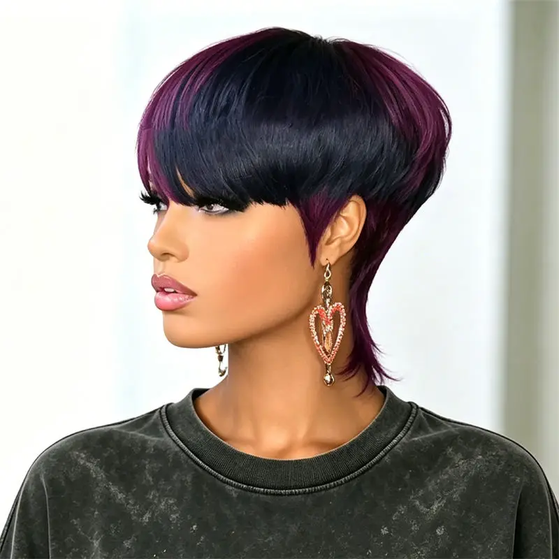 Short Mullet Wig Pixie Cut Wig, Gradient Purple