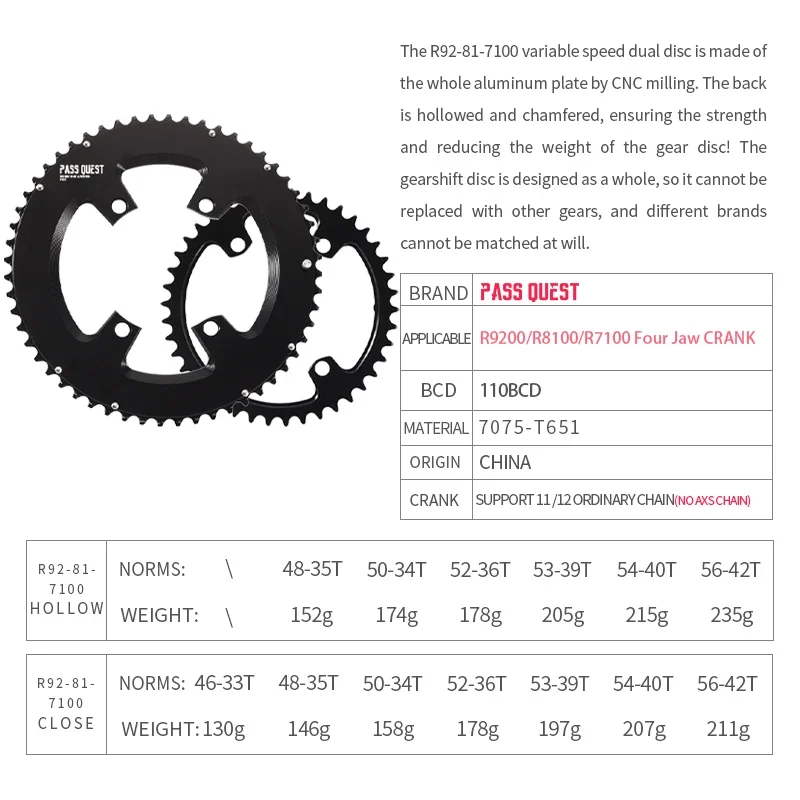 PASS QUEST 110BCD 2X Double Chainrings AERO Sprocket for SHIAMNO DURA-ACE R9200 ULTEGRA R8100 105 R7100 11S 12S 4 BOLT Chainring