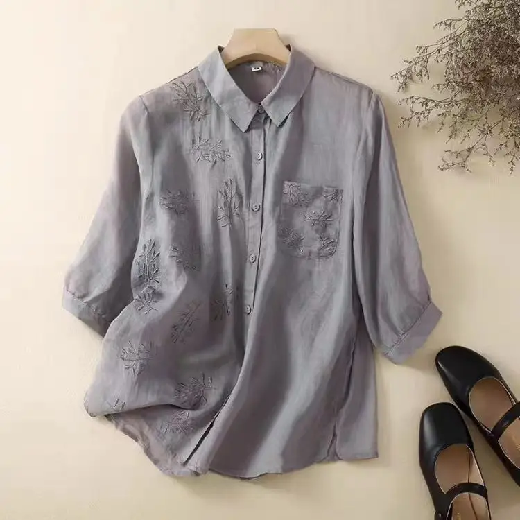 

Ele Loose Cotton Linen irt Embroidered f Sve Thin New Summer Top for Women Simple Sle Collar Button Detail