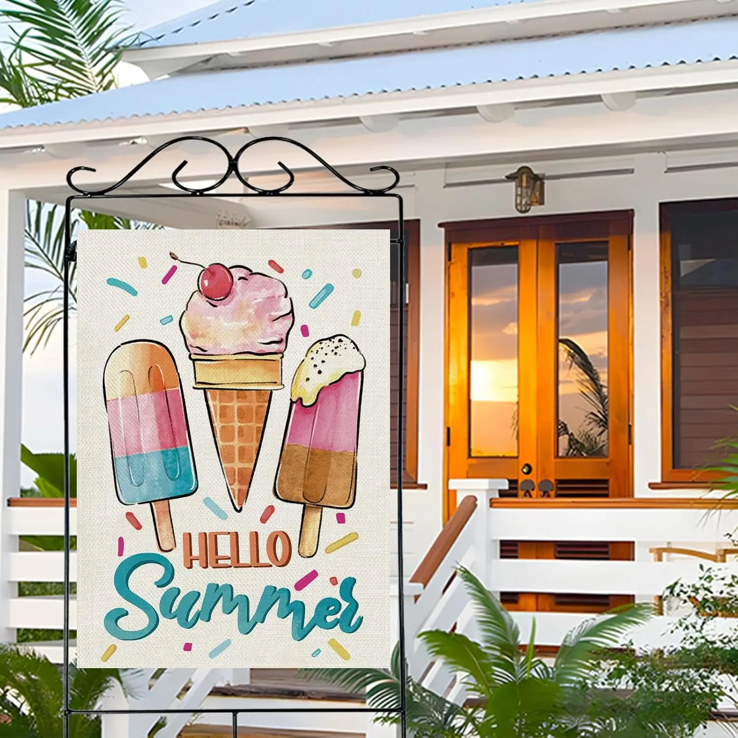 Dyrenson Hello Summer Ice Cream 28 x 40 House Flag Double Sided, Watercolor Popsicle Sprinkles Garden Yard Decoration, Seaso ZZM