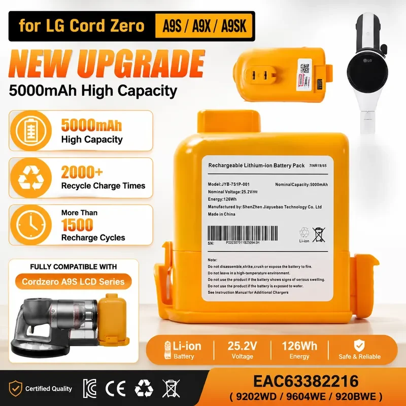 23 24 Year Cord Zero 5000mAh Replacement Li-ion Battery Pack for LG A9S A9X Cordless Vacuum Cleaner EAC63382216