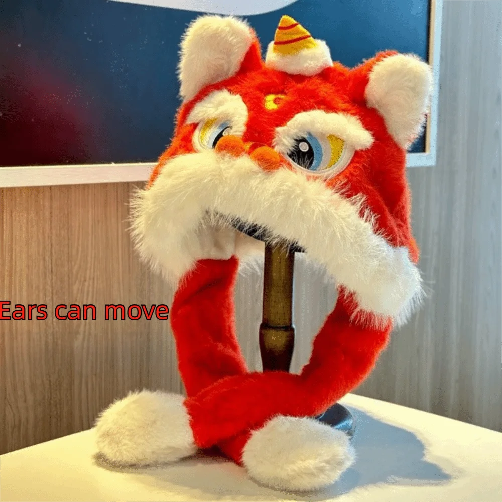 kawaii-orelha-muffs-leao-danca-chapeu-orelhas-pode-mover-estilo-chines-gorros-de-pelucia-engrossado-macio-ano-novo-bone-vermelho-ao-ar-livre