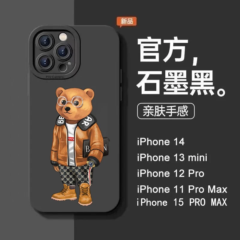 Cute Bear Fashion Brand Phone Case For iPhone 16 15 14 13 12 11 Pro Max Mini 16 15 Plus Black Lens thickening Soft bumper Case