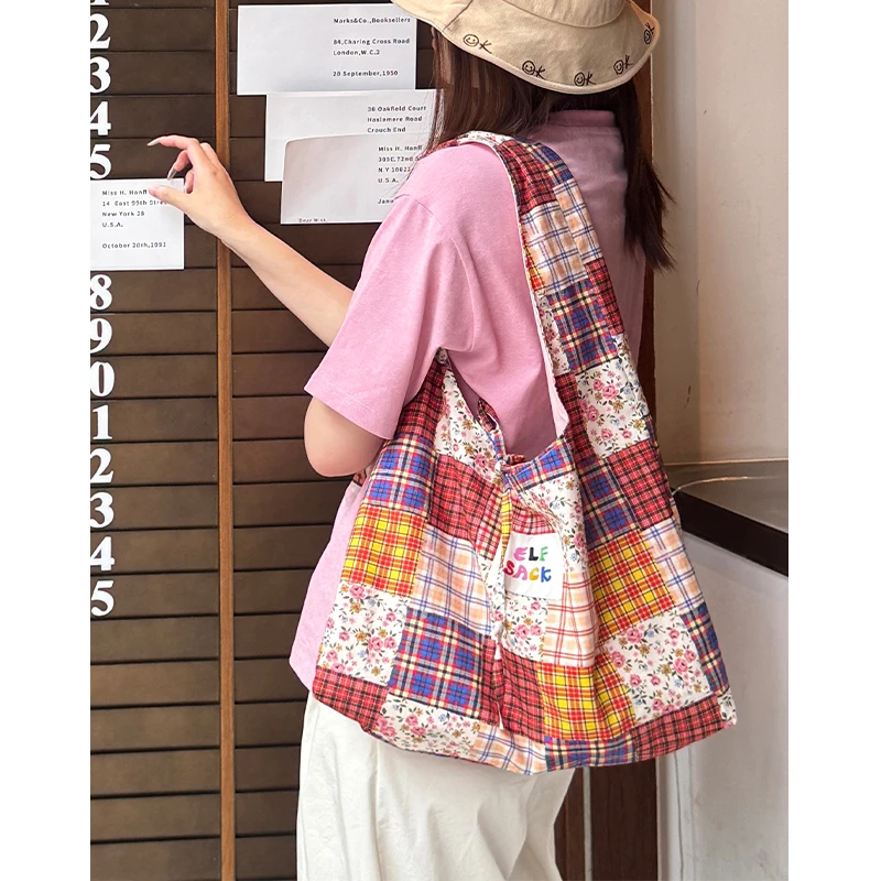 ELFSACK Color Block Casual Commute Large Capacity Lightweight Tote Shoulder Canvas Bag for Women