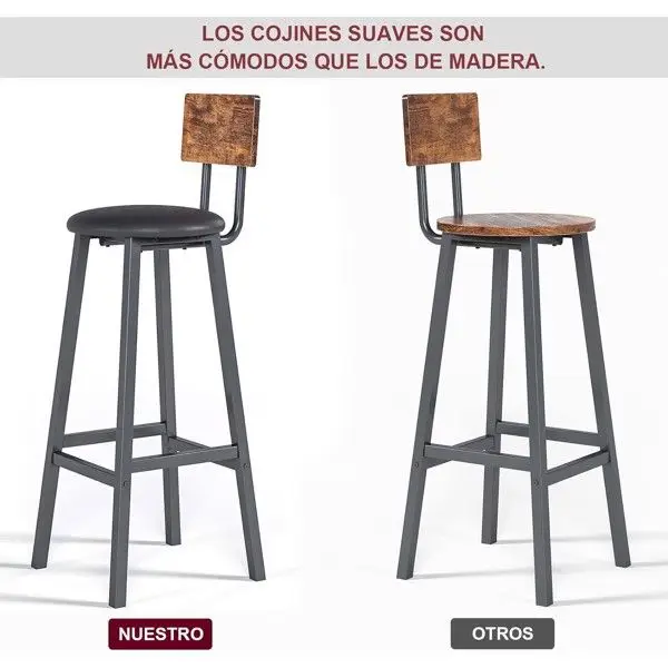 Industrial Rustic Bar Stools Set of 2 with Cushioned PU Leather Seats, Ergonomic Backrest, and Metal Frame for Kitchen, Bar, or