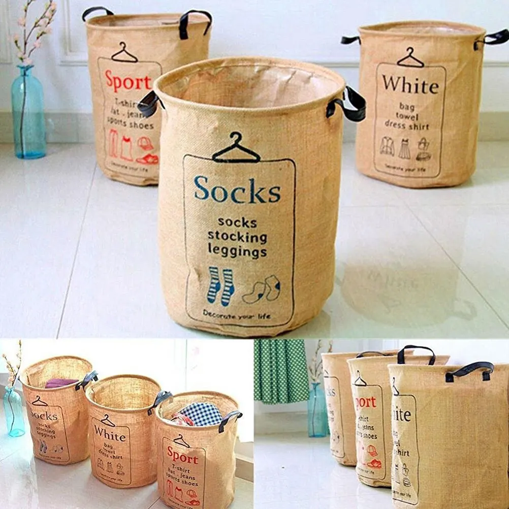 Jute Blend Foldable Laundry Basket Storage Organizer for Clothes Towels Linens Two Compartment Design Home Cleaning Helper