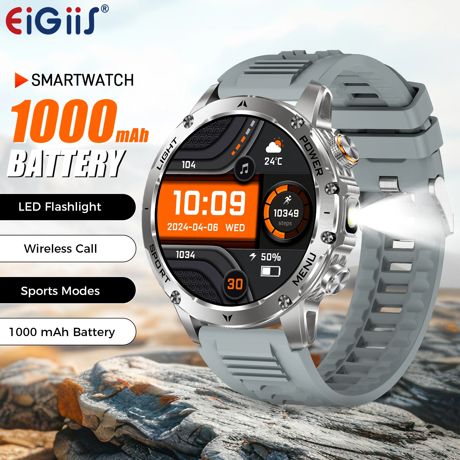 

Смарт-часы EIGIIS для мужчин со светодиодным фонариком, 1,7 дюйма, HD-умные часы с 100 + спортивными режимами, монитор здоровья, IP68, и Bluetooth-вызовы