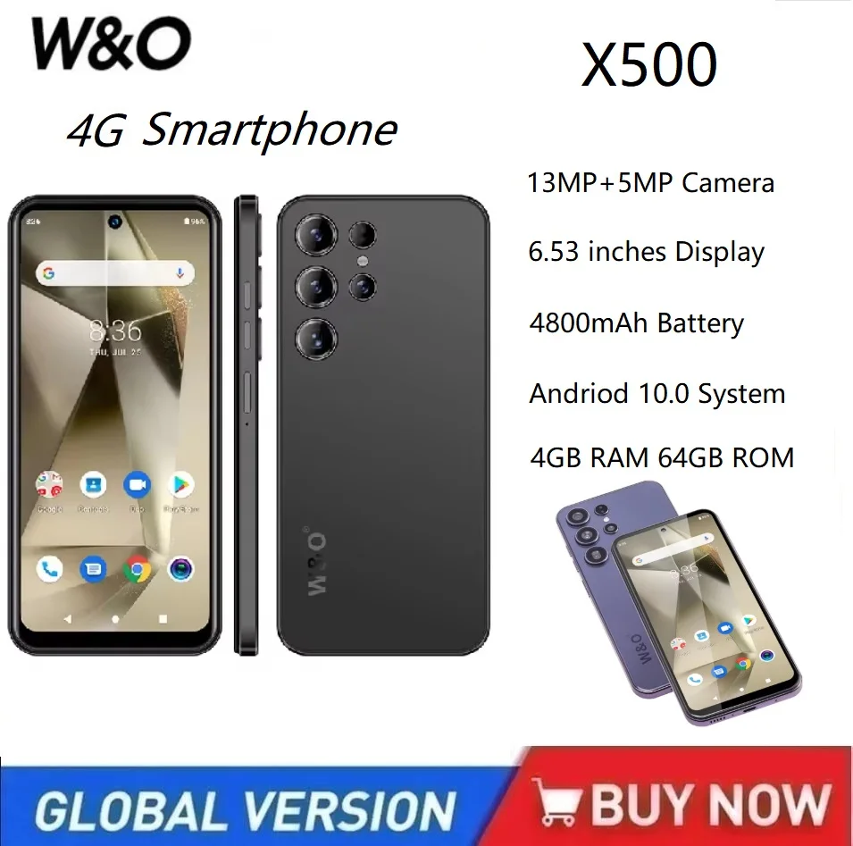 W&O X500 Smartphone Android 4G 6.53 Inch 4GB RAM+64GB ROM Mobile phone Dual SIM 4800mAh Battrey 5+13MP Camera Cell Phone celular