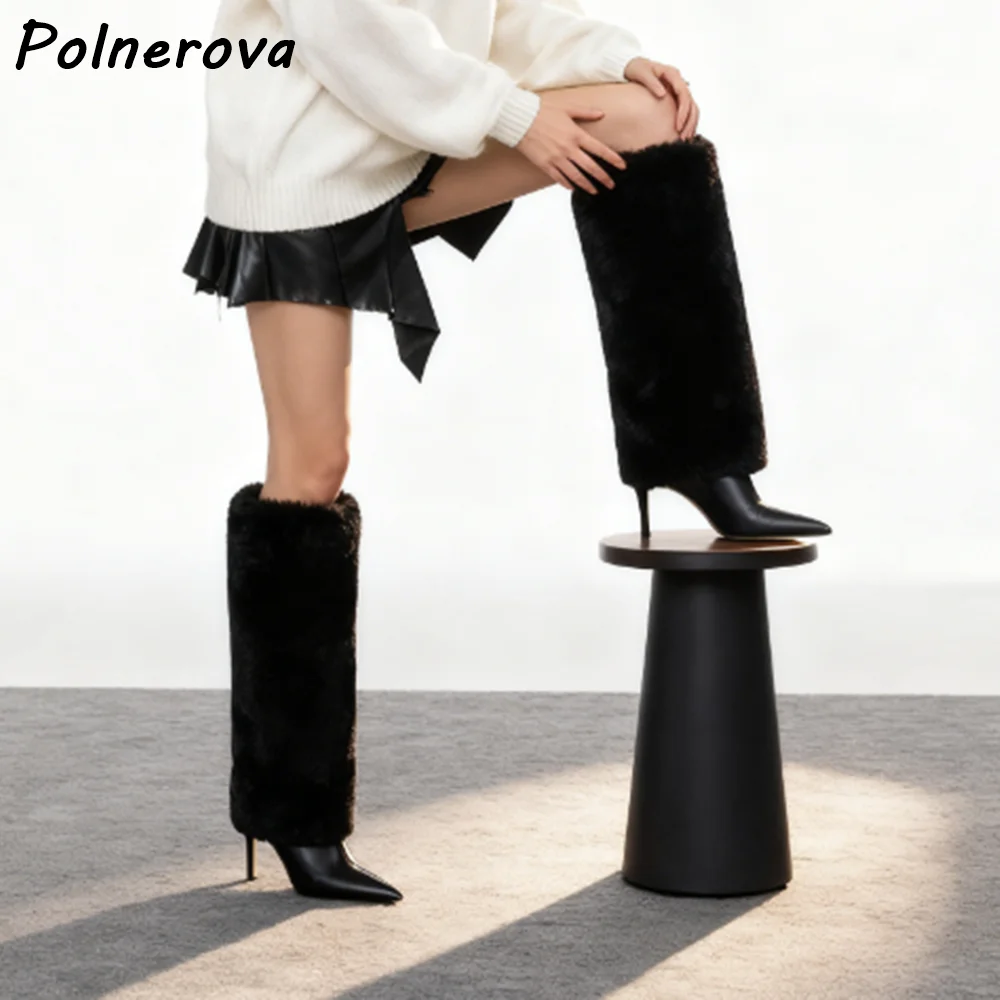 Turn Over Edges Furry Boots Soft Solid Pointy Toe Thin Heels Slip On Winter Knee High Boots Women's Leisure Concise Warm Shoes