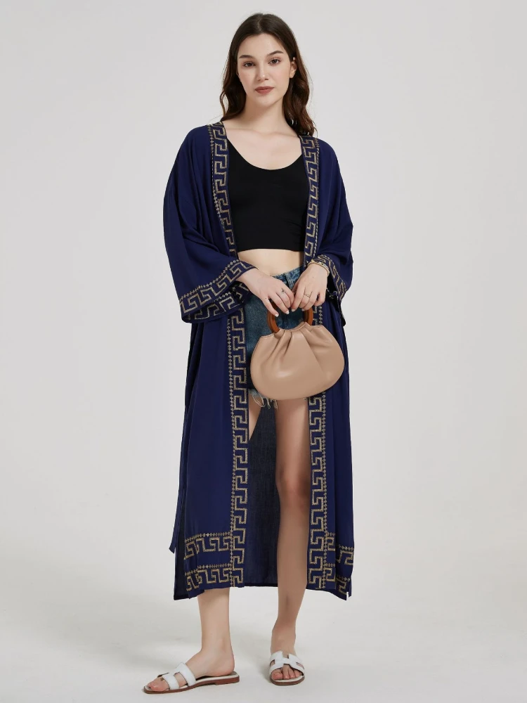 Beach Cover Ups Women Navy Blue Embroidery Kimono Swimsuit Cape Self Belted Wrap Dresses Summer Holiday Bathing Suits