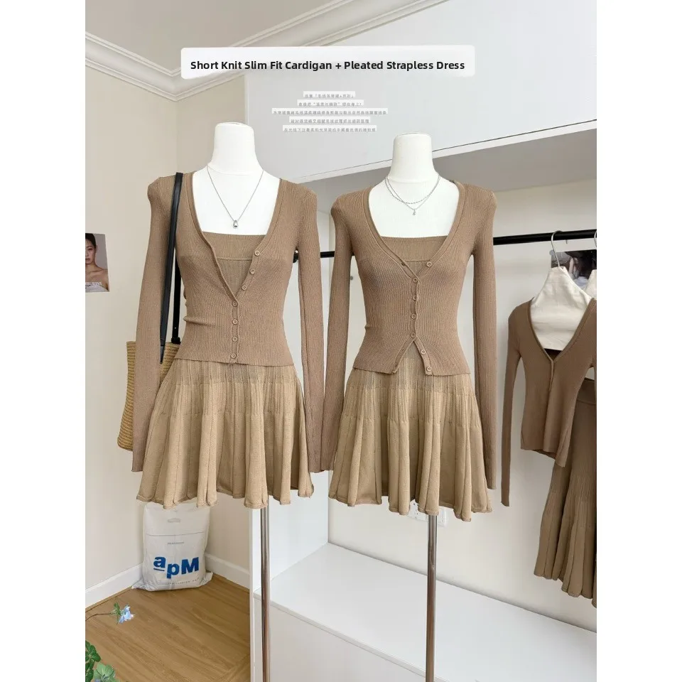 

Женский трикотажный комплект приталенного кроя с плиссированным платьем трапециевидной формы и открытым кардиганом, модный осенний ансамбль Hanfu