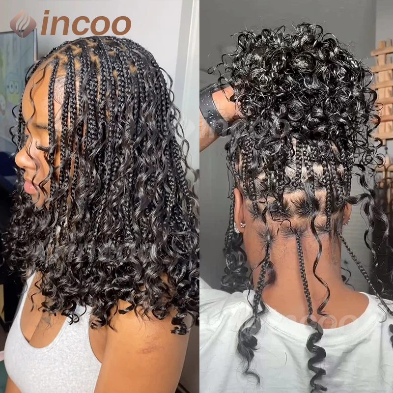 Short Boho Braided Wigs For Black Women Synthetic Knotless Box Braids Wig Curly Bob Full Lace Wig Goddess Cornrow Braiding Wig